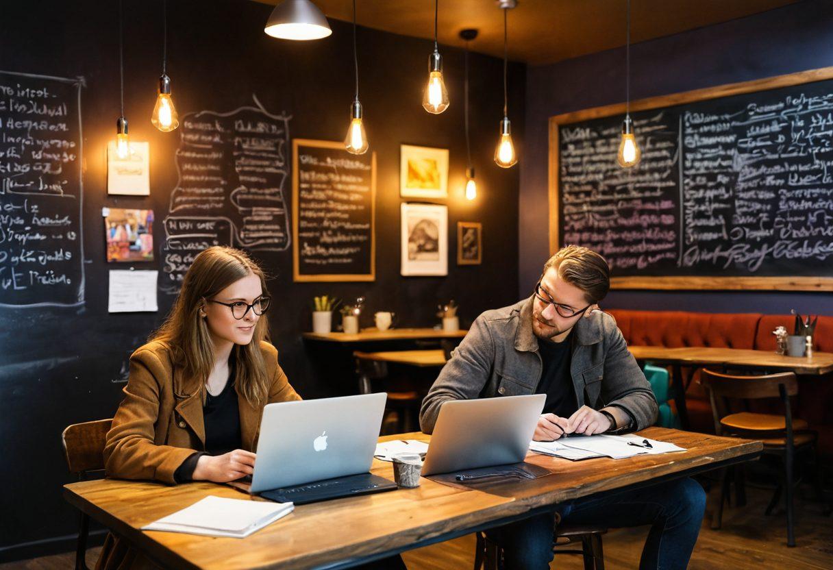 A dynamic scene showcasing a film director and a screenwriter brainstorming ideas in a cozy cafe, with a laptop open displaying a script, colorful sketches scattered on the table, and a chalkboard filled with plot notes in the background. The atmosphere should be lively, infused with creative energy and passion for storytelling. Ideal lighting should create a warm, inviting ambiance. super-realistic. vibrant colors. cozy setting.