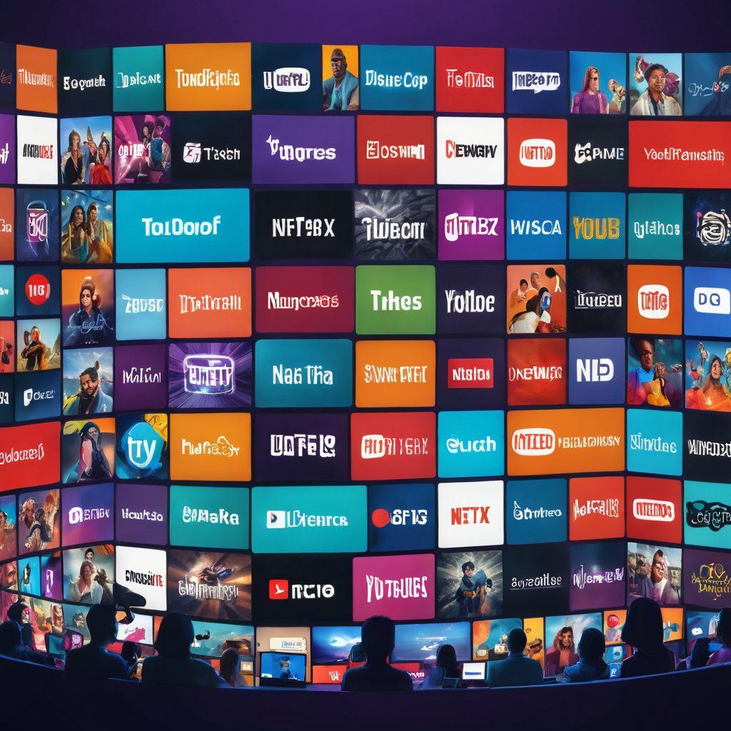 A vibrant collage showcasing various video streaming platforms like YouTube, Netflix, and Twitch, surrounded by diverse viewers engaged on different devices including smartphones, tablets, and smart TVs. Include dynamic elements like play buttons, video thumbnails, and sound waves to depict multimedia engagement. Bright colors and a futuristic vibe, symbolizing the transition into a new era of digital interaction. super-realistic. vibrant colors. 3D.